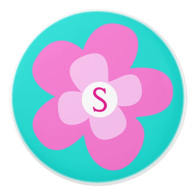 Porte En Céramique Bouton monogramme rose de fleur graphique (Devant)
