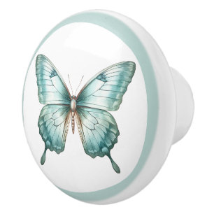 Porte En Céramique Élégant Papillon de Teal Bouton de Tiroir Turquois