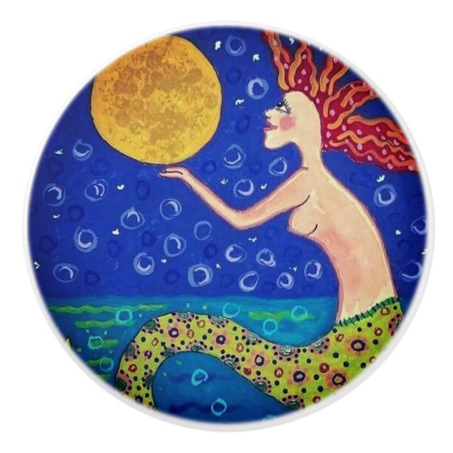 Porte En Céramique Sirène tenant le bouton de la lune (Devant)