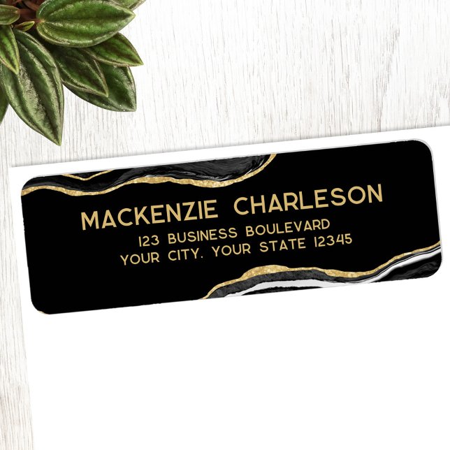 Porte en marbre noir Parties scintillant en or Adr (Black gold marble agate geode professional return address label)