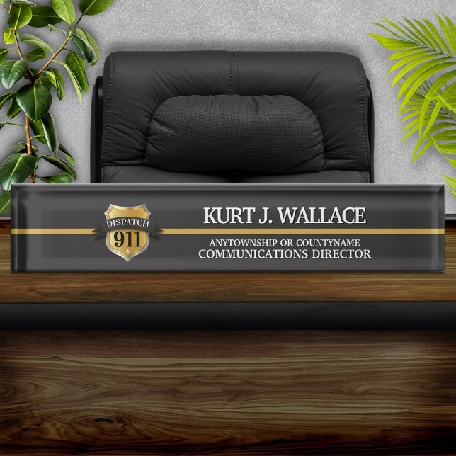 Porte-nom 911 Dispatcher Thin Gold Line Shield Acrylique (Créateur téléchargé)