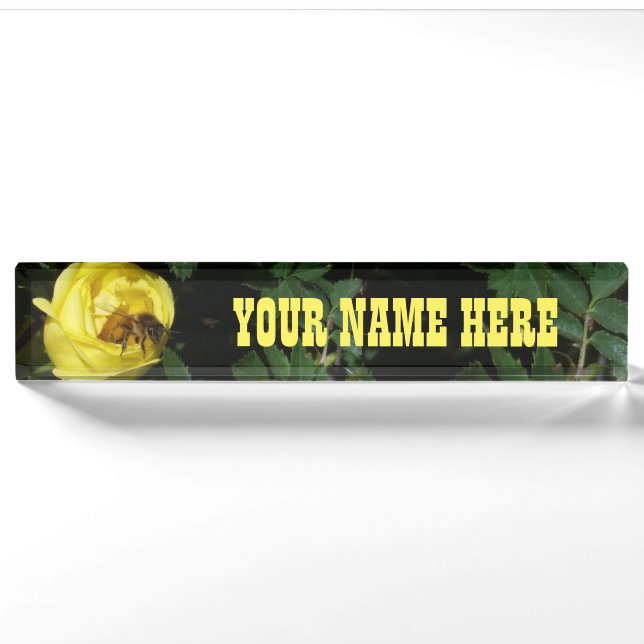 Porte-nom Abeille de miel pollinisant le rose jaune (Devant)