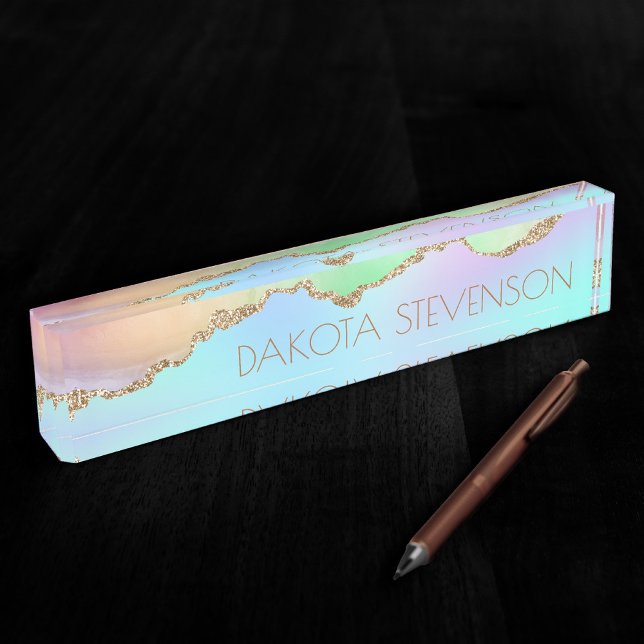 Porte-nom Agate Holo | Faux Iridescente Pastel Ombre Marble (Créateur téléchargé)