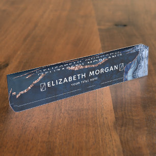 Porte-nom Agate Marbre Bleu Rose Or Foil Moderne Élégant