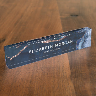Porte-nom Agate Marbre Bleu Rose Or Foil Moderne Élégant De