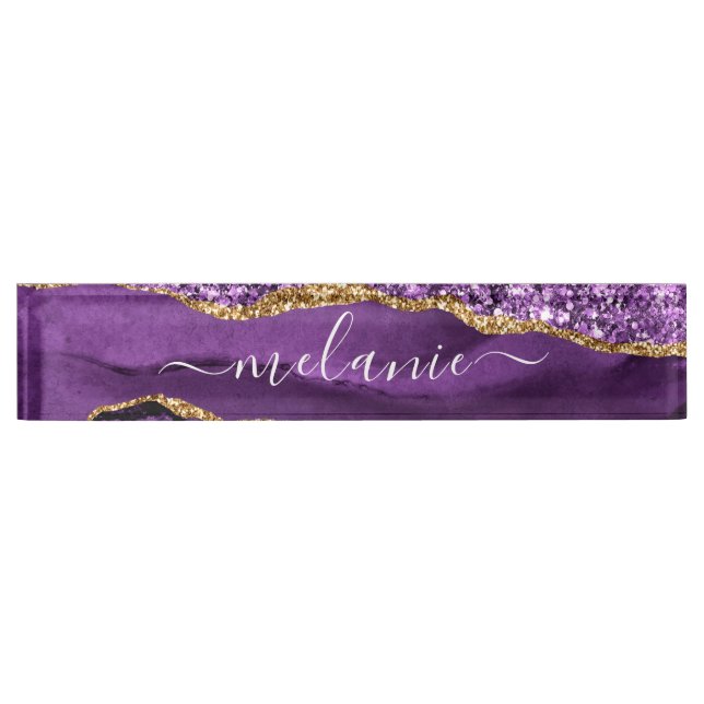 Porte-nom Agate Purple Gold Parties scintillant personnalisé (Devant)