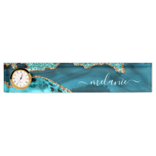 Porte-nom Agate Turquoise Blue Gold Parties scintillant Marb