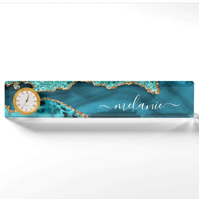 Porte-nom Agate Turquoise Blue Gold Parties scintillant Marb (Devant)