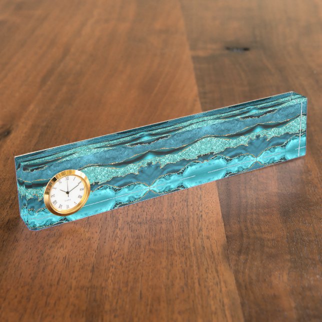 Porte-nom Agate Turquoise Blue Gold Parties scintillant Marb (Taille)