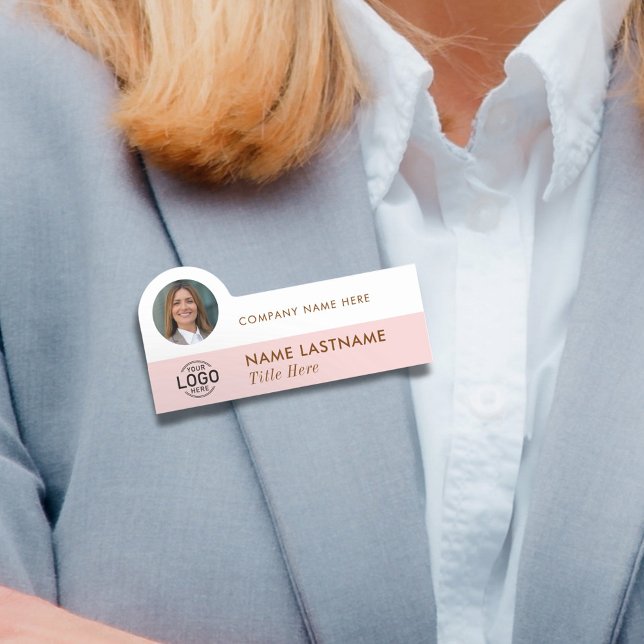 Porte-nom Ajouter Logo Photo Modern Blush Pink White Busines (Créateur téléchargé)