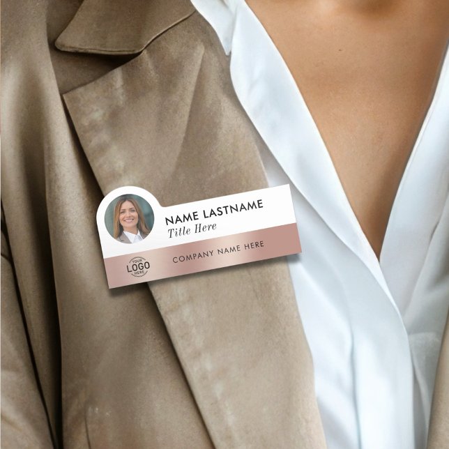Porte-nom Ajouter Logo Photo Sleek Faux Rose Gold Blanc Styl (Créateur téléchargé)