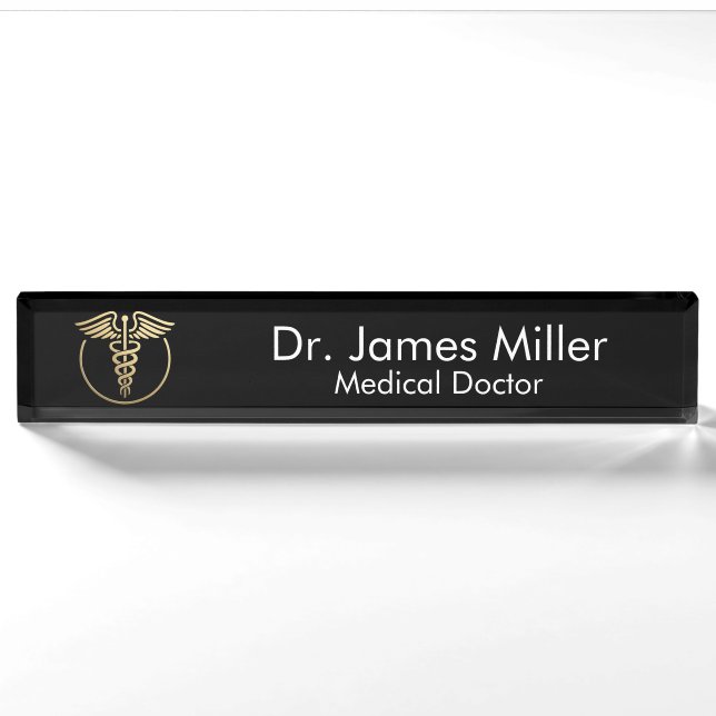 Porte-nom Ajouter Votre Nom Médicale Caduceus Symbole Black  (Devant)