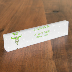 Porte-nom Alternative Médicale Caduceus Vert Feuilles Blanc