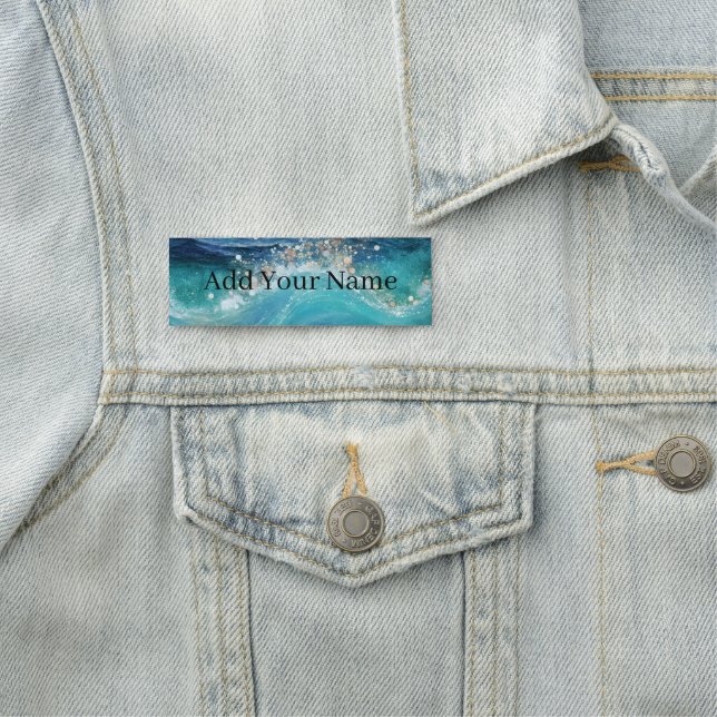 Porte-nom Aquarelle Bleu Blanc Océan Vague Personnalisée Nom (En situation)