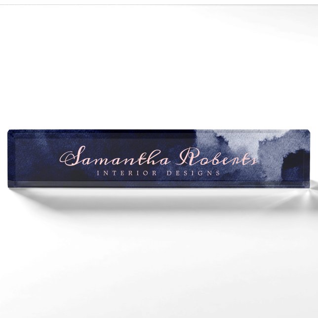 Porte-nom Aquarelle bleu marine chic rose Abstrait (Devant)
