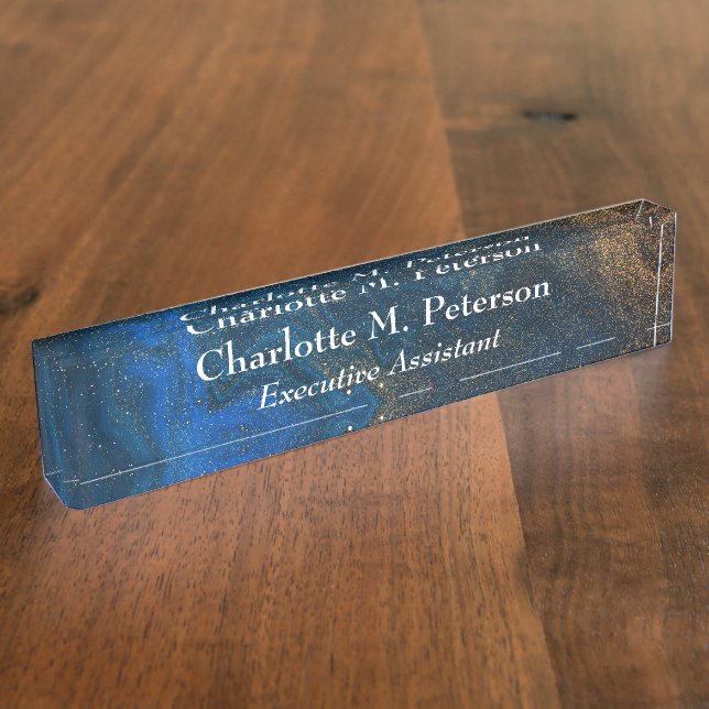 Porte-nom Aquarelle bleu marine moderne et or (Taille)