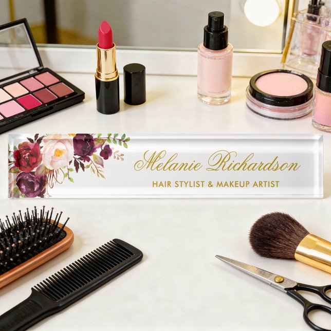 Porte-nom Aquarelle Bourgogne Floral Or (Customize to change text size, style or text color.)