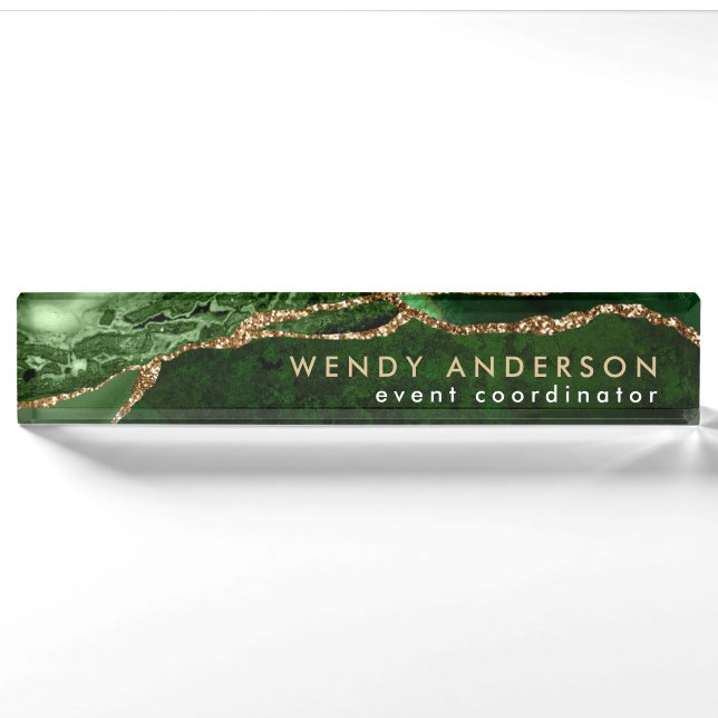 Porte-nom Aquarelle chic Emerald Green Gold Parties scintill (Devant)