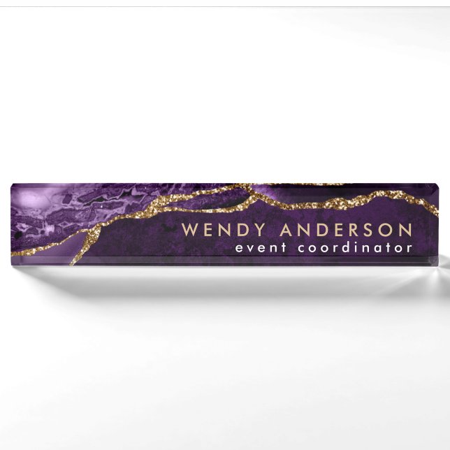 Porte-nom Aquarelle élégante Purple Gold Parties scintillant (Devant)