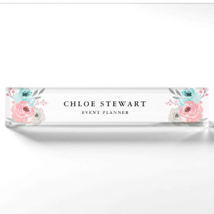 Porte-nom Aquarelle Florale Rose et turquoise