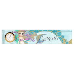 Porte-nom Aquarelle mignonne de sirène Monogramme Turquoise 