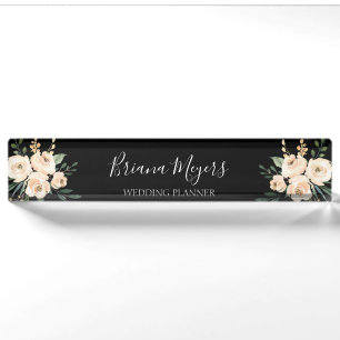 Porte-nom Aquarelle Moderne sur Fleurs Noires pour Entrepris