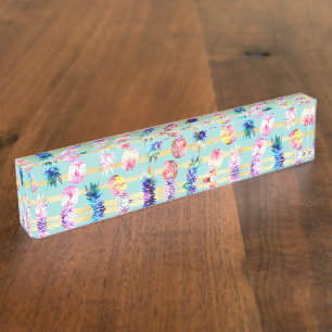 Porte-nom Aquarelle Nebula Ananas Gold Stripes Design