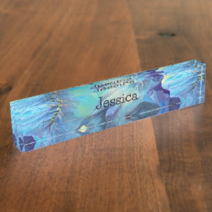 Porte-nom Aquarelle peinte à la main Aqua florale et Blues