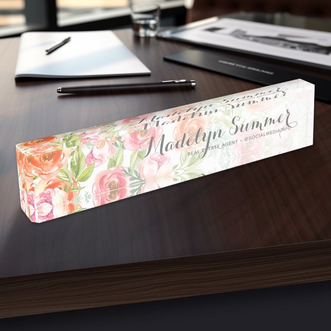 Porte-nom Aquarelle peinte Fleurs Nom de calligraphie (Personalized Name Plate for the Office, School or Home)