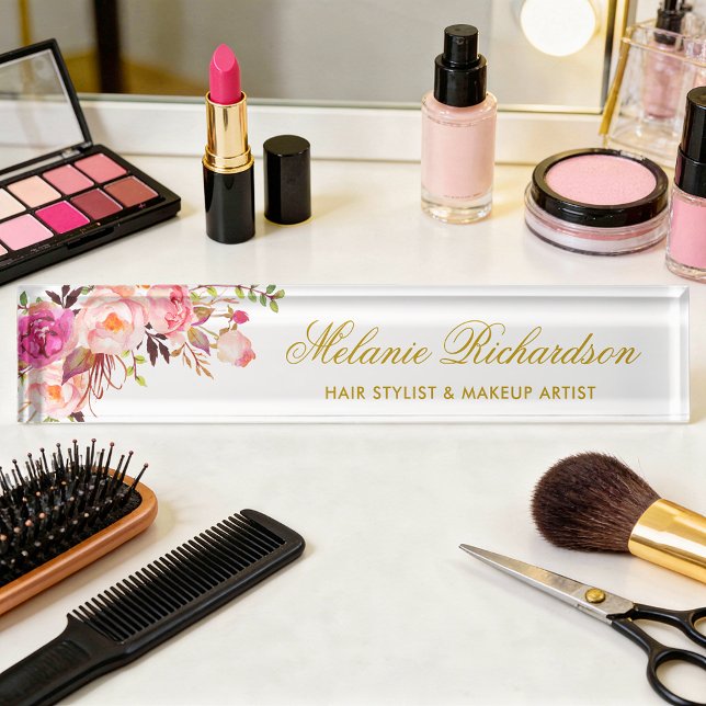 Porte-nom Aquarelle rose Blush Or Floral (Customize to change text size, style or text color.)