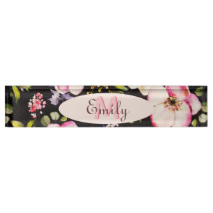 Porte-nom Aquarelle rose Roses jaunes sur noir, Monogramme