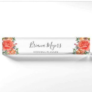 Porte-nom Aquarelle tendance Floral moderne Orange Business