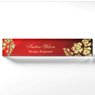 Porte-nom Arrière - plan rouge avec roses or personnalisé