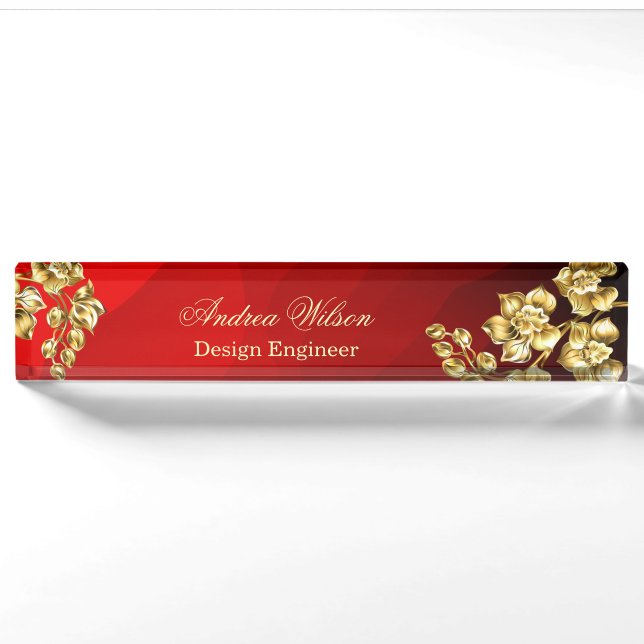 Porte-nom Arrière - plan rouge avec roses or personnalisé (Devant)