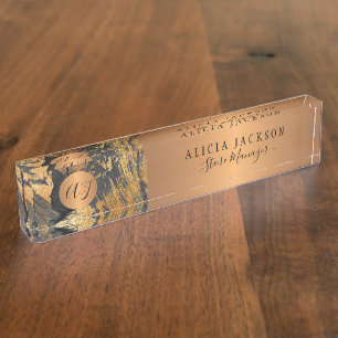 Porte-nom Art moderne motif abstrait or noir monogrammed