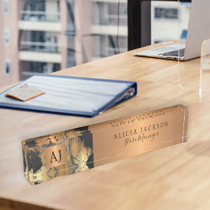 Porte-nom Art moderne motif abstrait or noir monogrammed