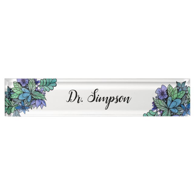 Porte-nom Art pour aquarelle floral bleu et vert (Devant)