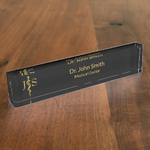 Porte-nom Baguette Médicale d'Asclepius Gold sur Noir