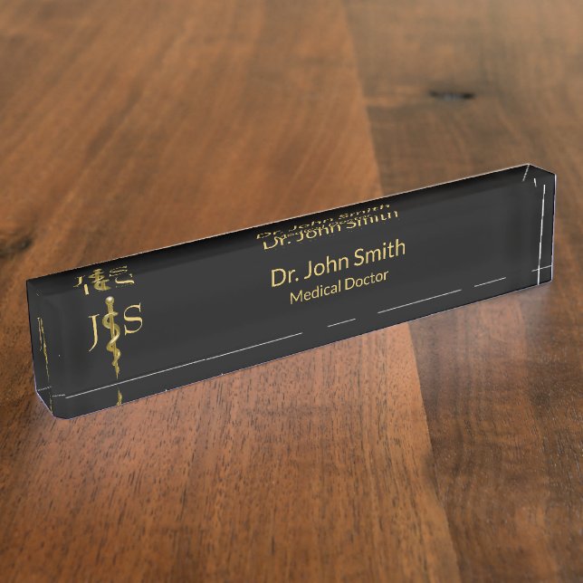Porte-nom Baguette Médicale d'Asclepius Gold sur Noir (Taille)
