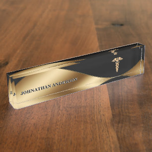 Porte-nom Bannière dorée noir Caduceus médical chic élé