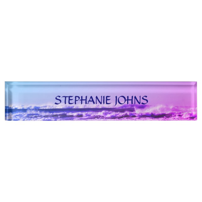 Porte-nom Beach Ocean Wave Nom Monogramme Water Pink Ombre (Devant)