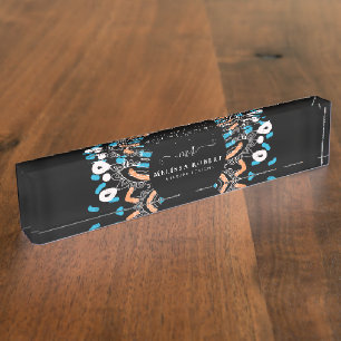 Porte-nom Beau bleu Floral Mandala Marbre Monogramme