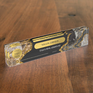 Porte-nom Black Gold Agate Geode Parties scintillant Bureau 