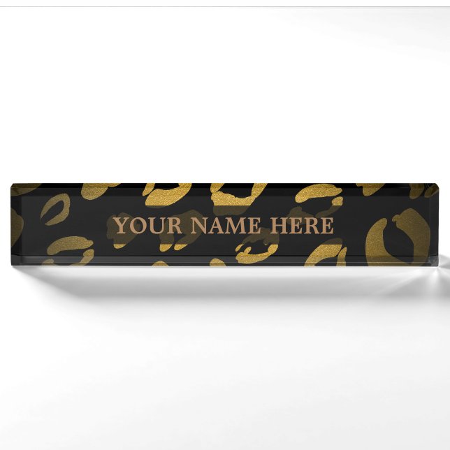 Porte-nom Black & Gold Cheetah Leopard Glam Personnalisé (Devant)