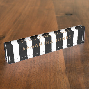 Porte-nom Black White Stripes Gold Classic Personnalisé