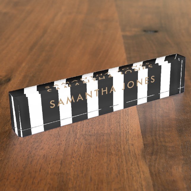 Porte-nom Black White Stripes Gold Classic Personnalisé (Taille)