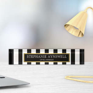 Porte-nom Black White Stripes Gold Personnalisé
