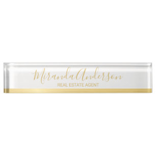 Porte-nom Blanc professionnel et or avec nom de script moder