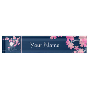 Porte-nom Bleu de Sakura rose lune aux fleurs de cerisiers d