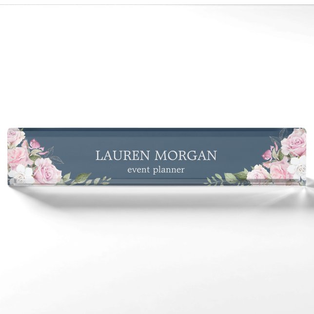 Porte-nom Bleu du jardin rose | Plaque signalitique nom (Devant)